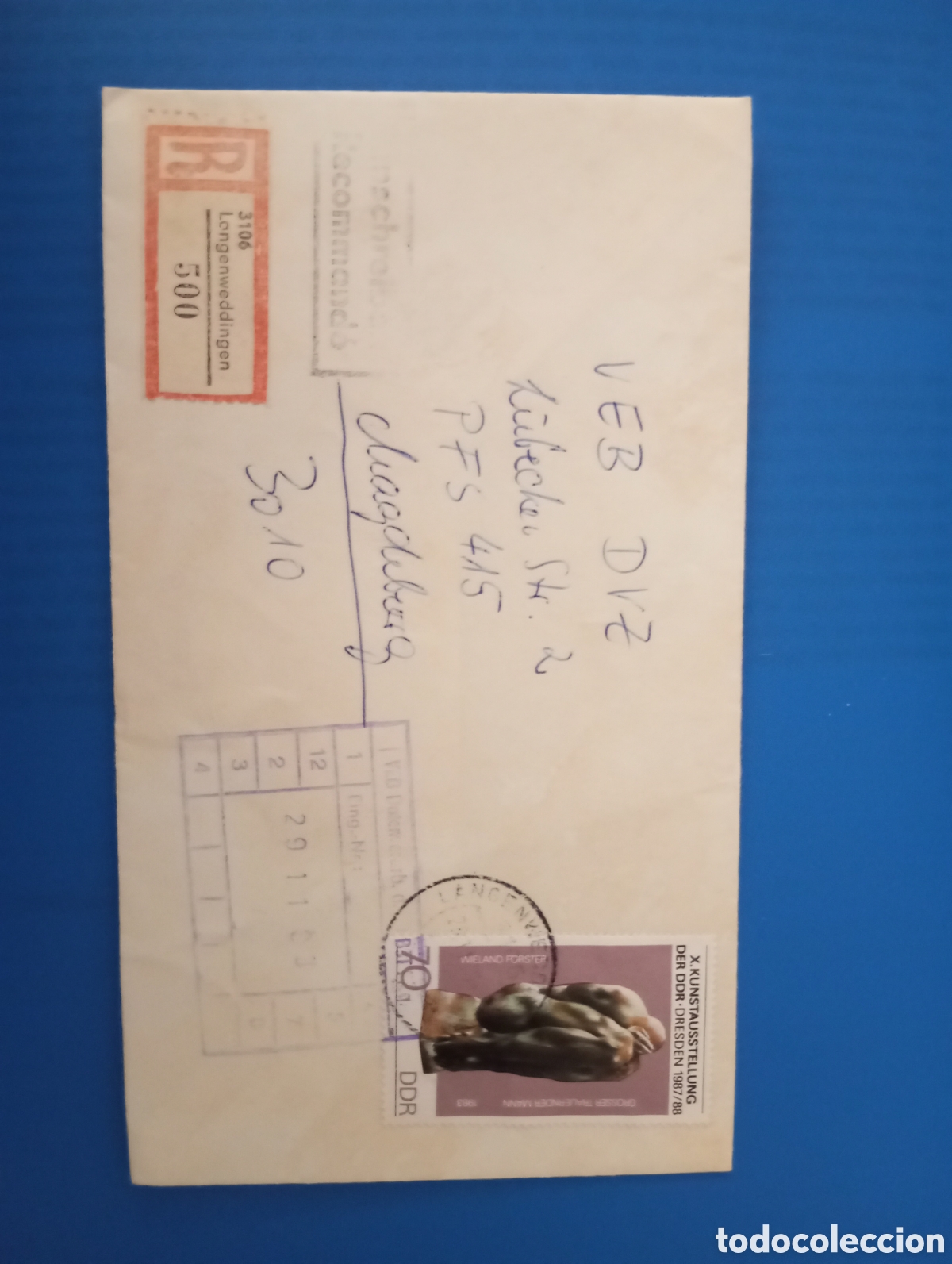 Sellos: ALEMANIA ORIENTAL RDA, DDR, CERTIFICADO DE LANGENEDDINGEN, 1988