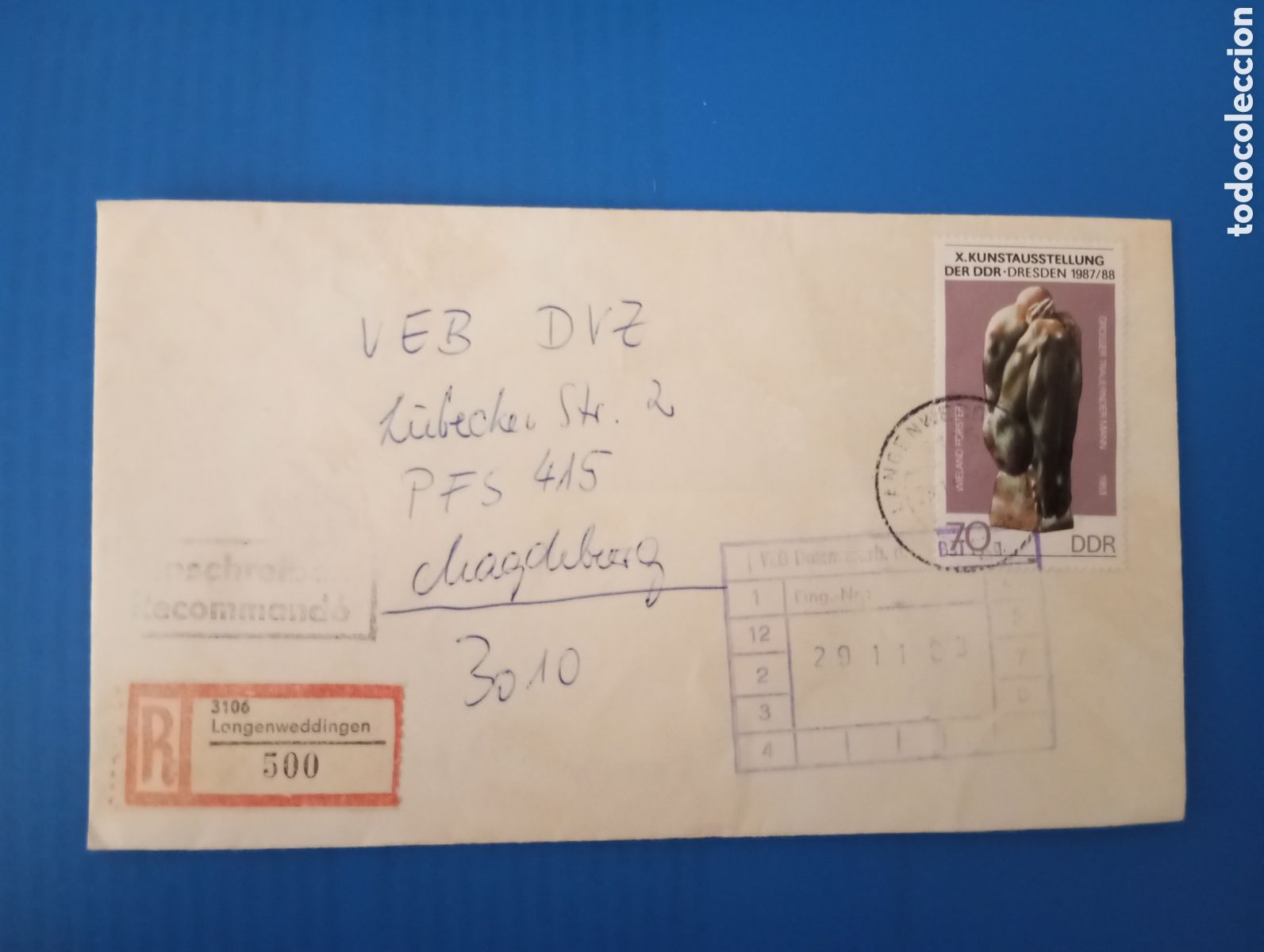 Sellos: ALEMANIA ORIENTAL RDA, DDR, CERTIFICADO DE LANGENEDDINGEN, 1988