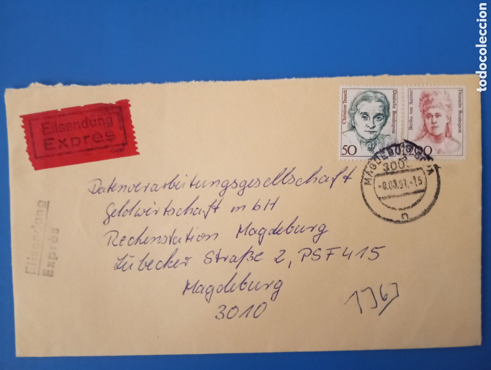 Sellos: ALEMANIA FEDERAL, CARTA ENV&Iacute;O URGENTE, DORSO MATASELLOS LLEGADA