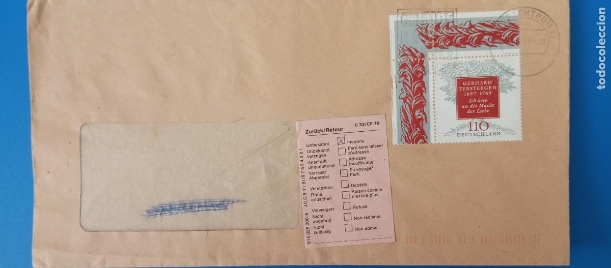 Sellos: ALEMANIA, 1999, CARTA RECHAZADA, DIRECCI&Oacute;N DESCONOCIDA