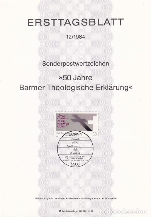 Sellos: Ersttagsblatt 12/1984 Alemania - 50 Aniversario de la declaraci&oacute;n teol&oacute;gica de Barmer - 50 Jahre B..