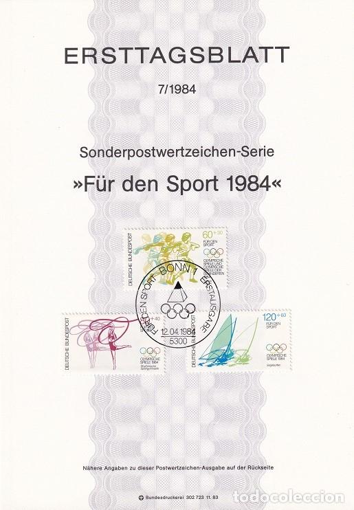 Sellos: Ersttagsblatt 7/1984 Alemania - Pro deporte Juegos Ol&iacute;mpicos Los &Aacute;ngeles - Lanzamiento disco Vela..