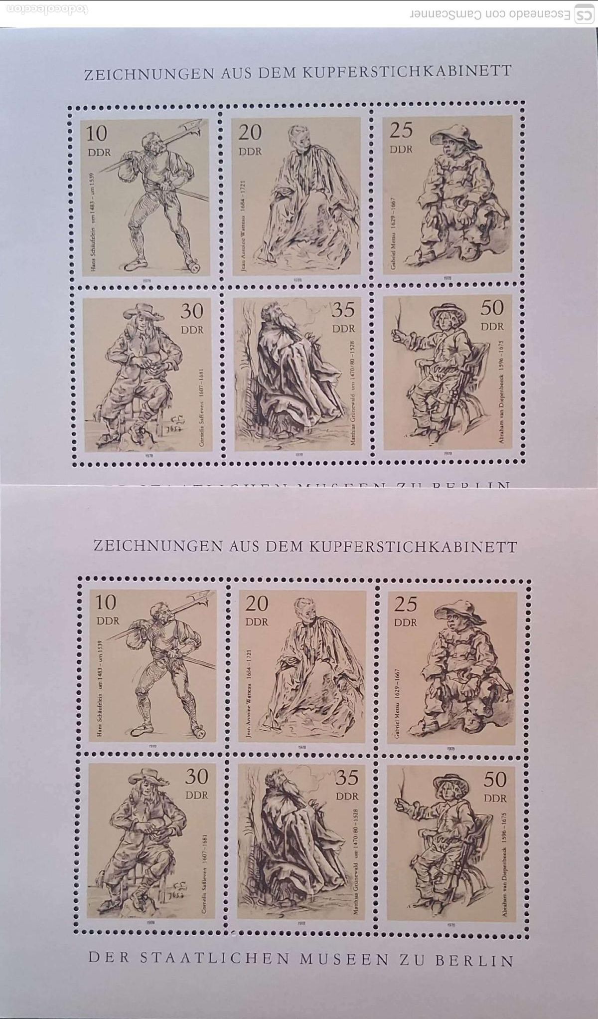 Sellos: LIQUIDACI&Oacute;N. 2 Alemania Oriental 2014/19 Grabados sobre cobre de los Museos de Berl&iacute;n, en MH de 6 se