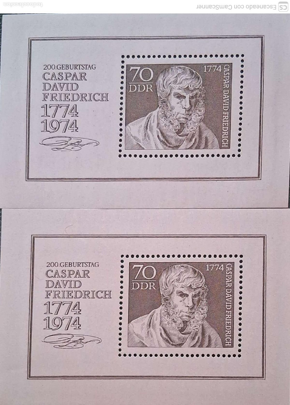 Sellos: LIQUIDACI&Oacute;N. 2 HB 35 Alemania Oriental. Bicentenario del nacimiento del pintor Gaspar Friedrih. 1974