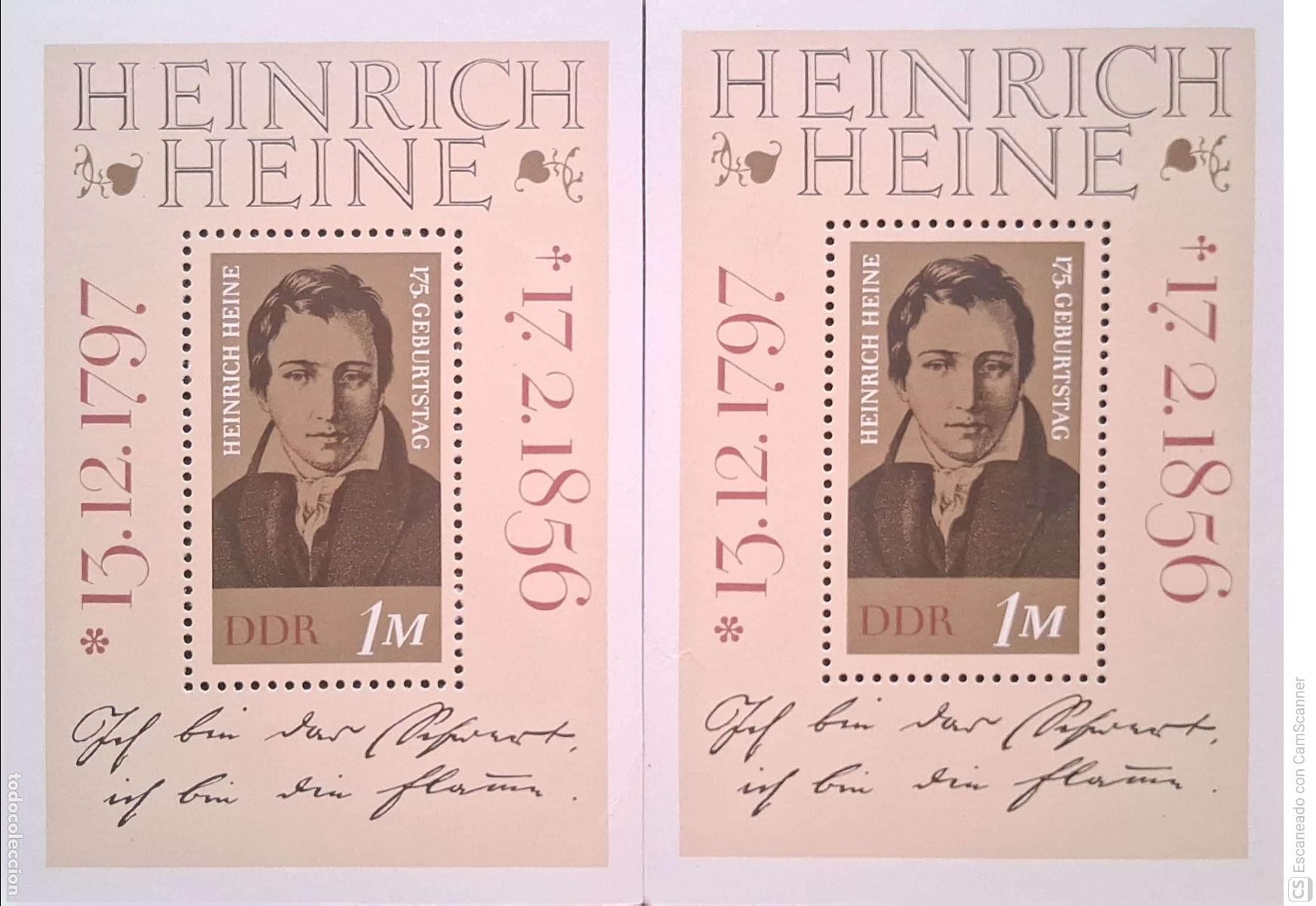 Sellos: LIQUIDACI&Oacute;N. 2 HB 32 Alemania Oriental. Aniversario nacimiento de Heinrich Heine, poeta y escritor.