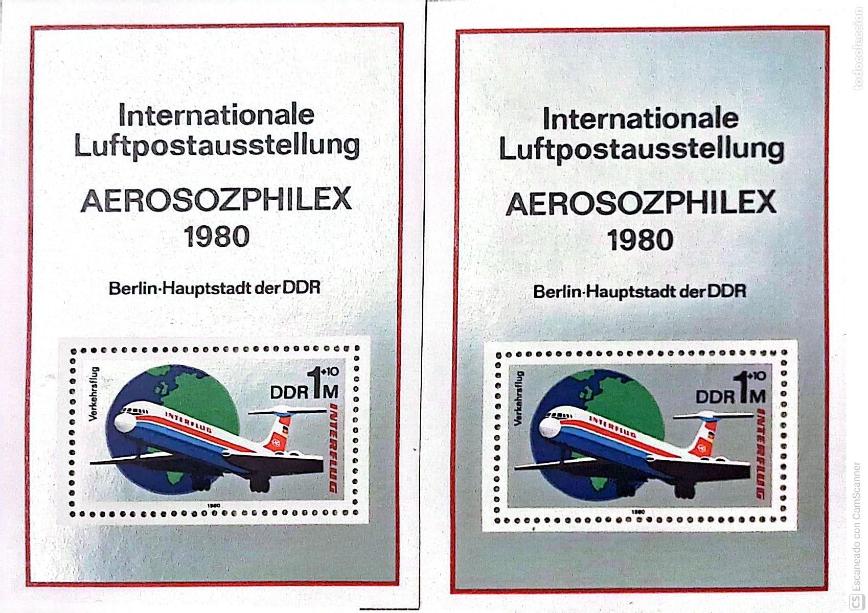 Sellos: LIQUIDACI&Oacute;N. 2 HB 57 Alemania Oriental. Exposiciones Interflug y Aerosozphilex: Aviones. 1980 Sello