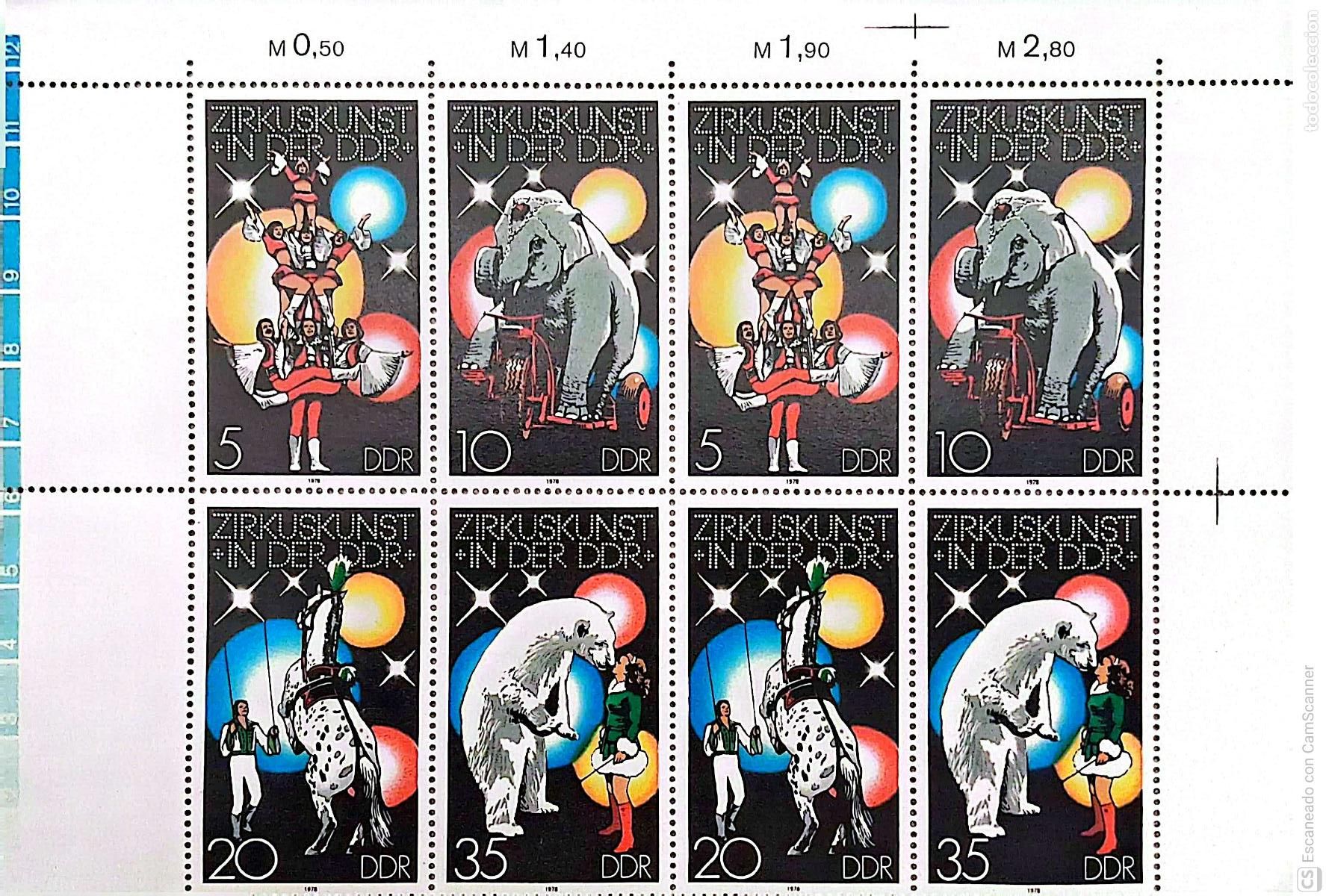 Sellos: LIQUIDACI&Oacute;N. 2 Alemania Oriental 2034/37 Arte del circo: Pir&aacute;mide de personas, elefante, caballo y o