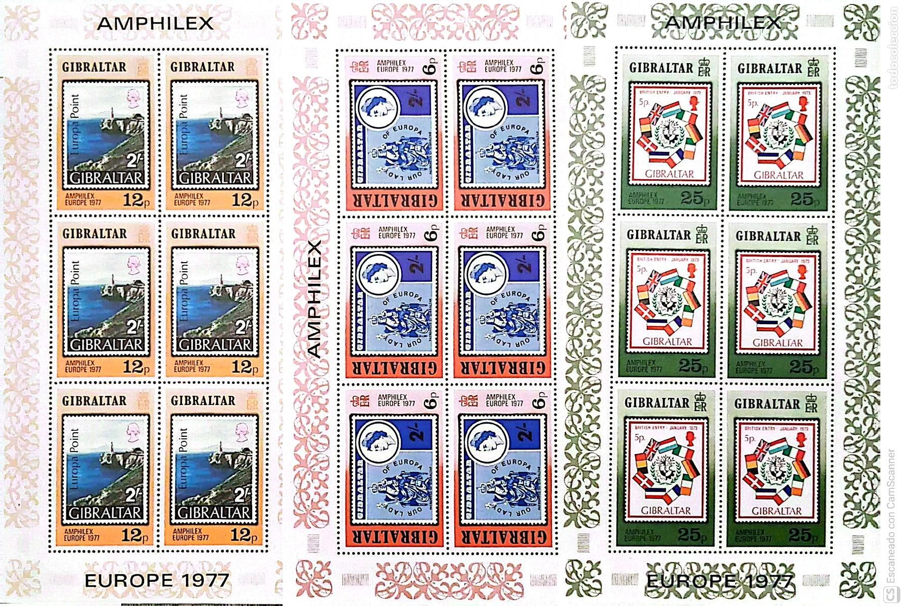Sellos: LIQUIDACI&Oacute;N. 364/66 Gibraltar. Amphilex. Europa, en MH de 6 sellos. 1977 Sellos nuevos y numeraci&oacute;n
