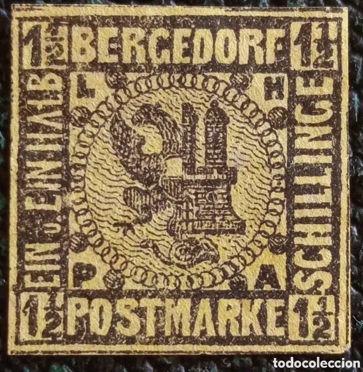 Sellos: Bergedorf 1861 1&frac12; Schilling negro/amarillo Michel N&ordm;3 Altdeutschland