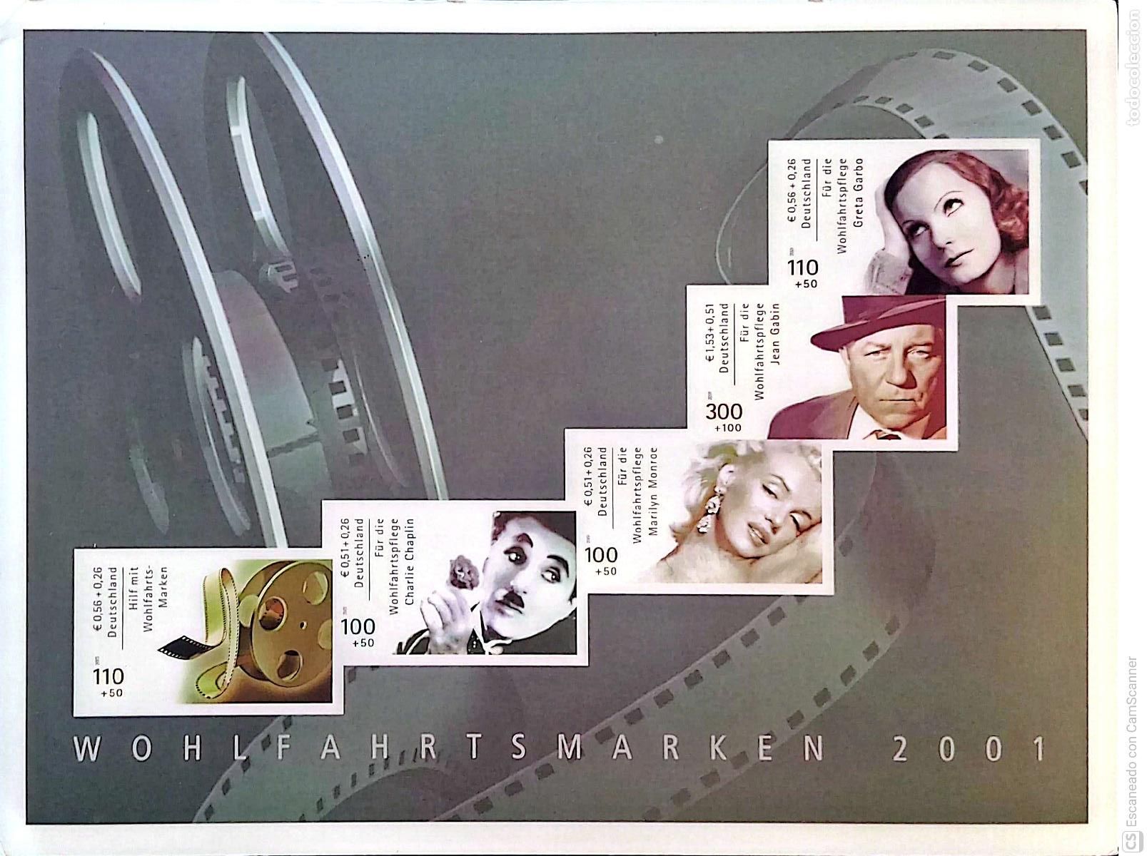 Sellos: Alemania Federal. 2050/54 Actores del cine: Marilyn Monroe, Charlie Chaplin, Greta Garbo, pel&iacute;cula y