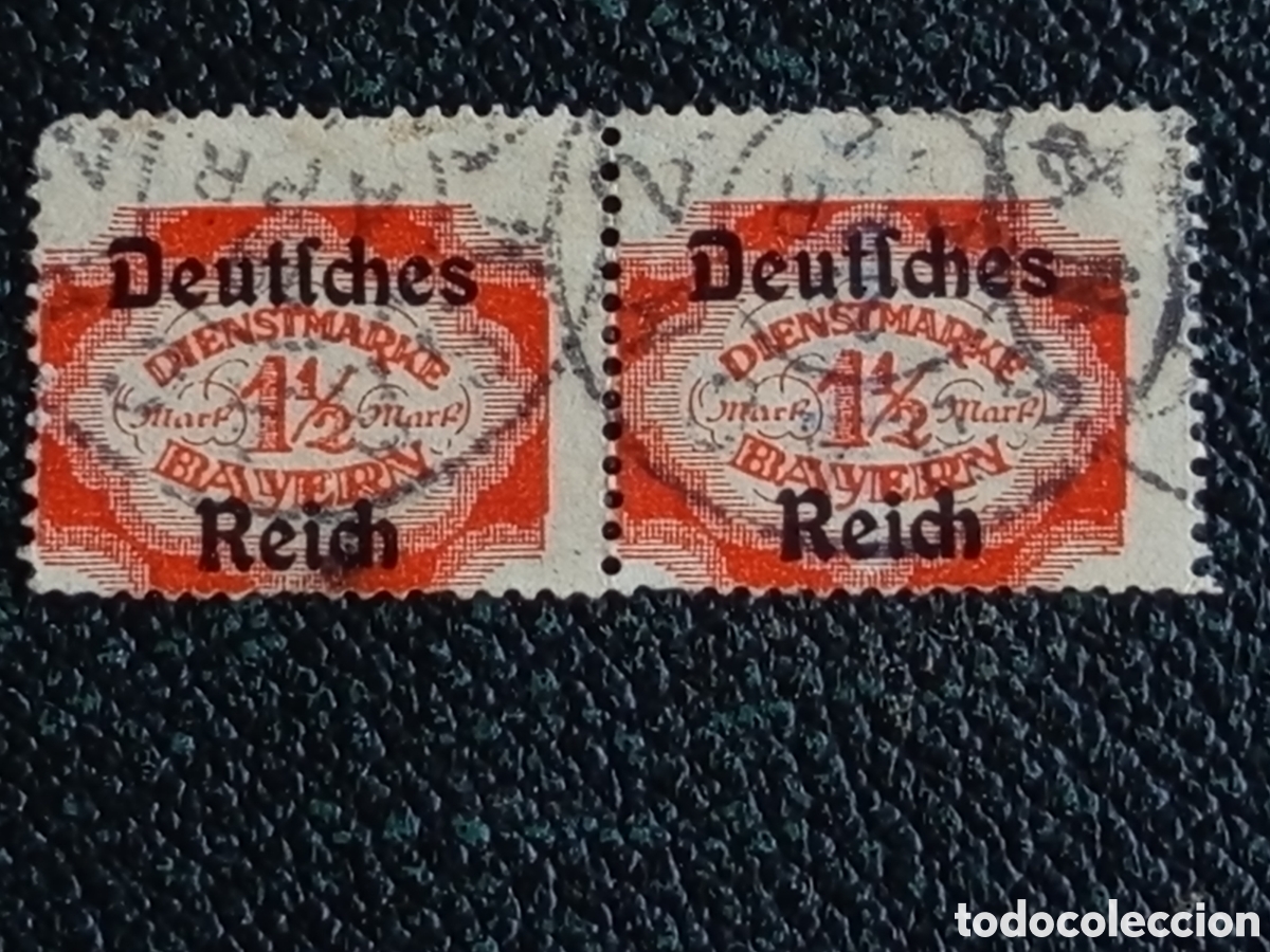Sellos: Alemania 1920 - Pareja Sellos Oficiales Baviera 1&frac12;M Sobrecargados (Michel 38 / Scott O33) desplazado