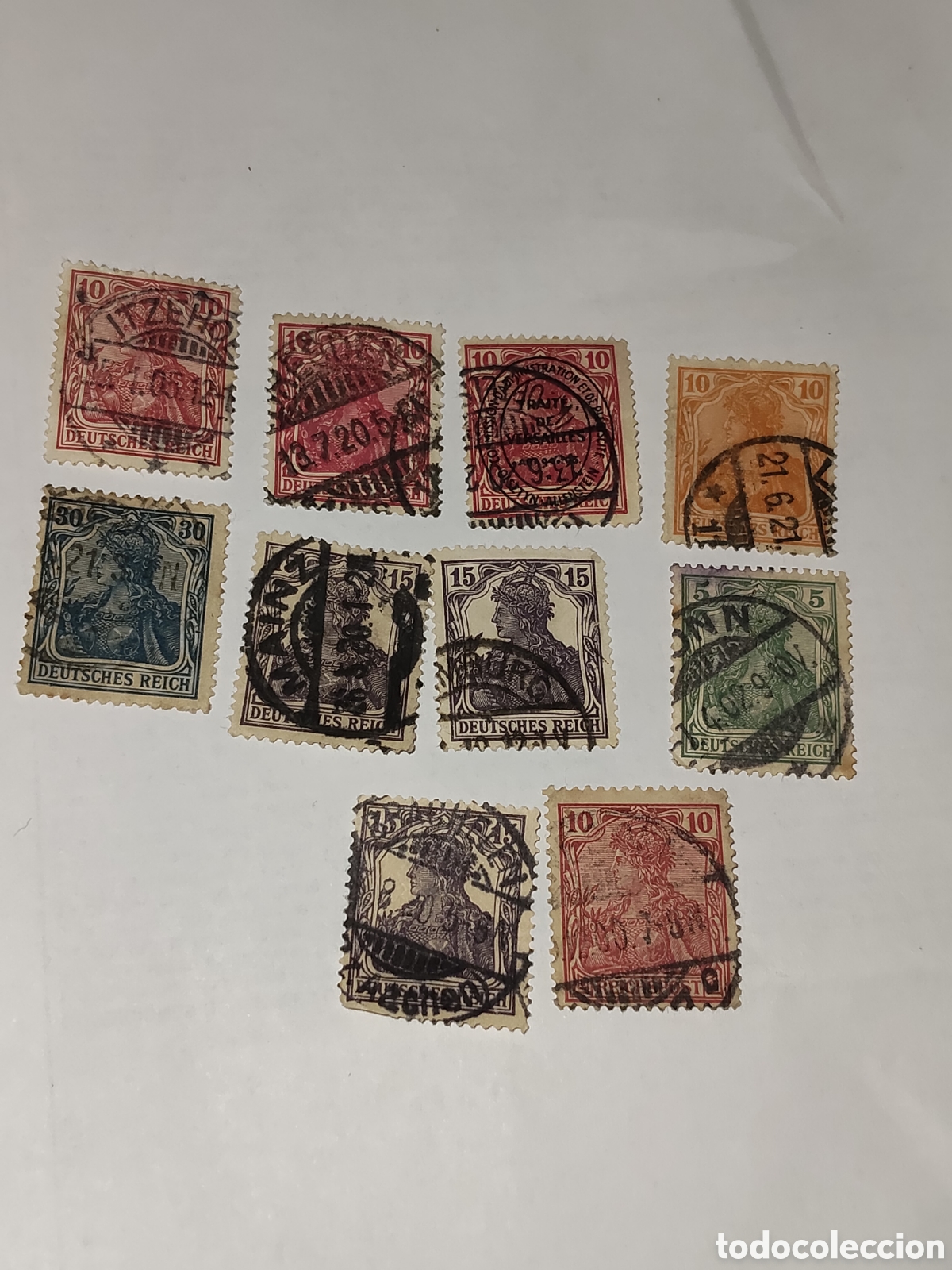 Sellos: 10 sellos alemanes Deutches Reich Efigie aleg&oacute;rica de German&iacute;a con corona de hojas 1902 usados