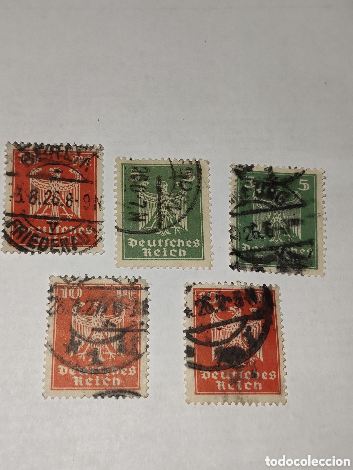 Sellos: 5 sellos alemanes Deutches Reich &Aacute;guila Her&aacute;ldica 1924 usados