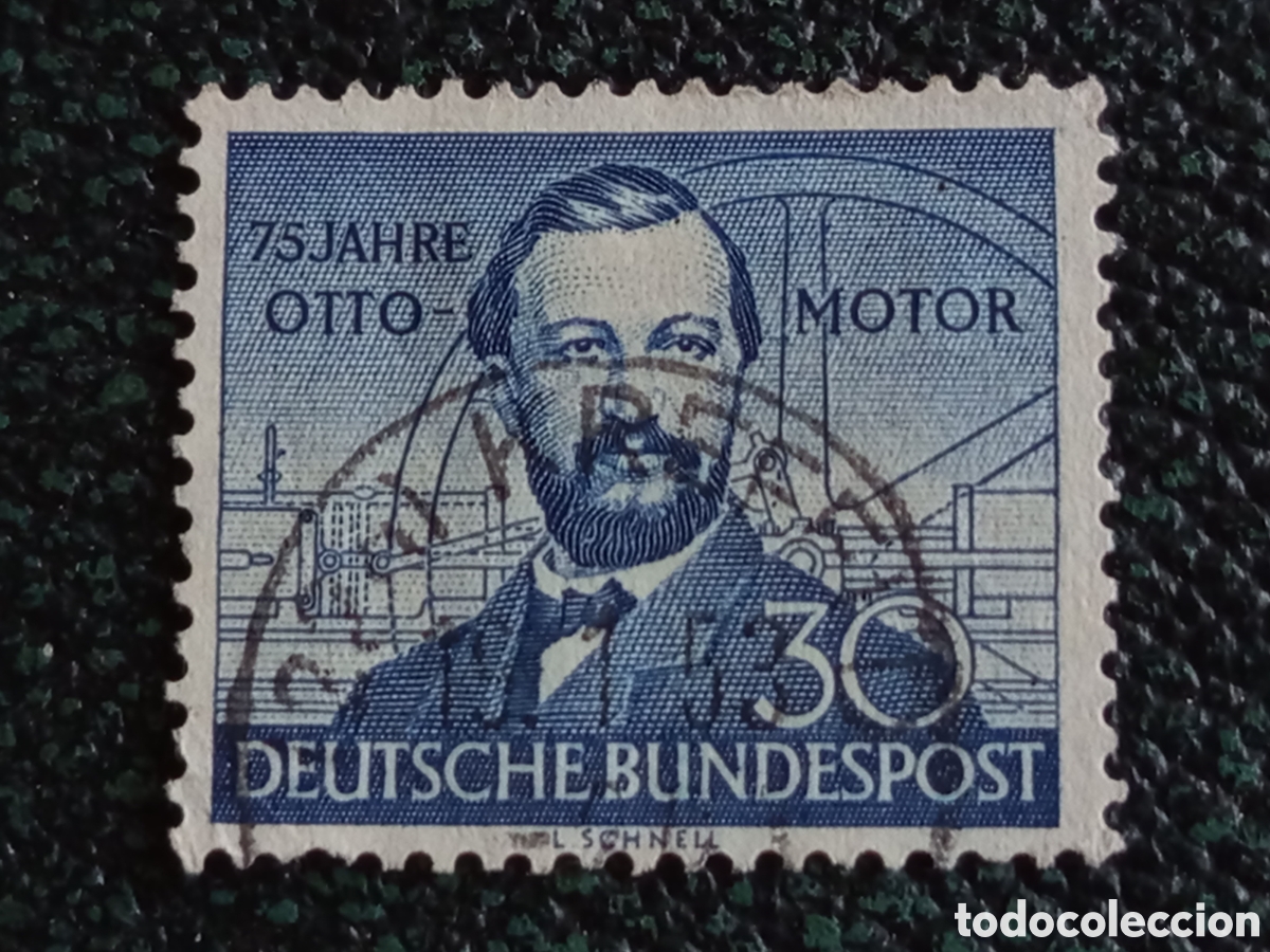Sellos: Sello Alemania RFA 1952 75 Aniv Motor Otto 30pf Azul Usado Scott #690