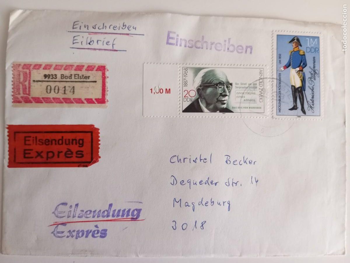 Sellos: ALEMANIA, RDA 1987, CERTIFICADO DE BAD WLSTE, CORREO URGENTE