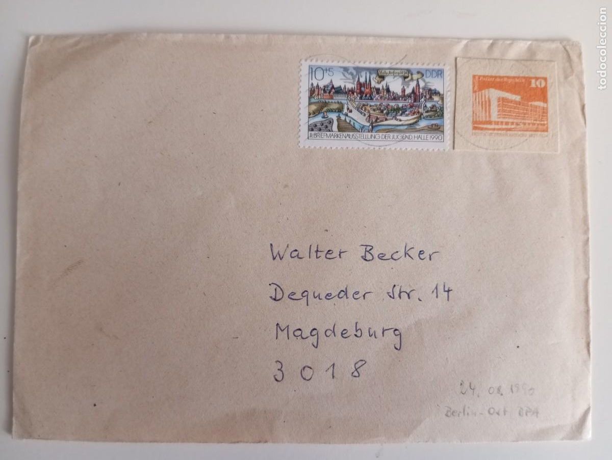 Sellos: ALEMANIA, RDA, 1990, SOBRE CON FRANQUEO DE ENTERO POSTAL Y SELLO, MUY RARO