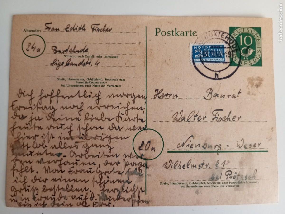 Sellos: ALEMANIA, RFA, 1953, ENTERO POSTAL CON SELLO DEL PUENTE A&Eacute;REO