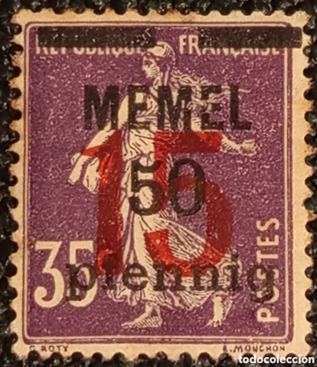 Sellos: Sello Memel 15 Pf s/ 35c Violeta MH 1920 - Cat&aacute;logo Michel 23 - Con marquilla