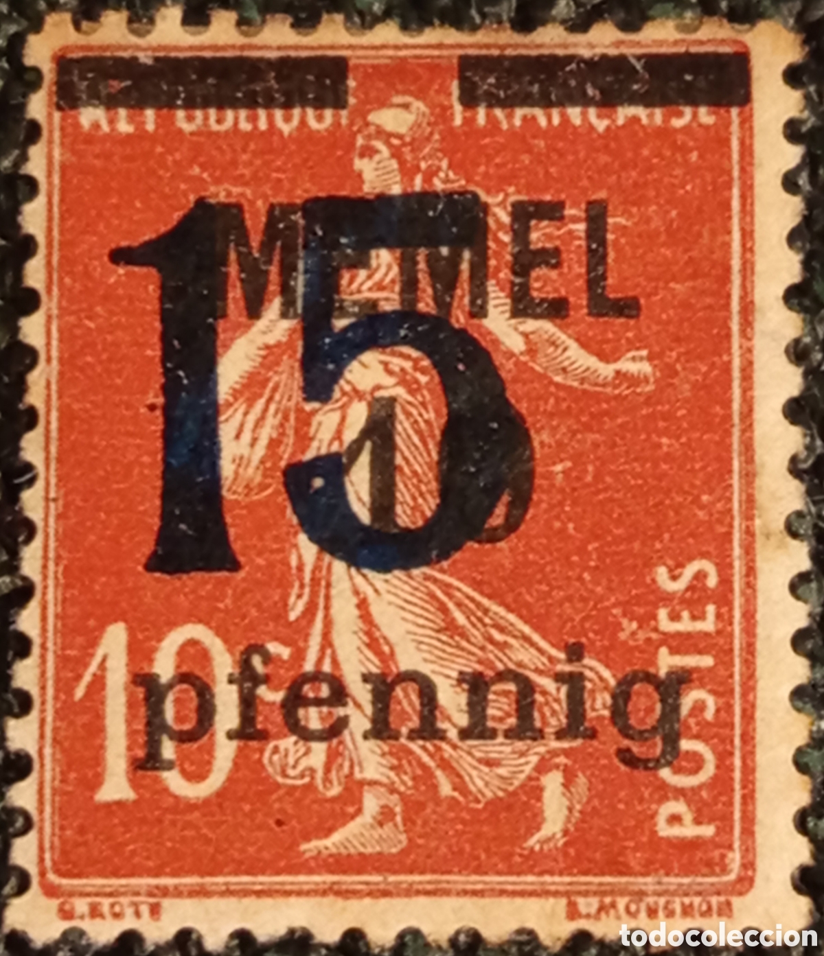 Sellos: Sello Memel 15 Pf s/ 15c Naranja MNH 1920 - Cat&aacute;logo Michel 22 - Con Marquilla