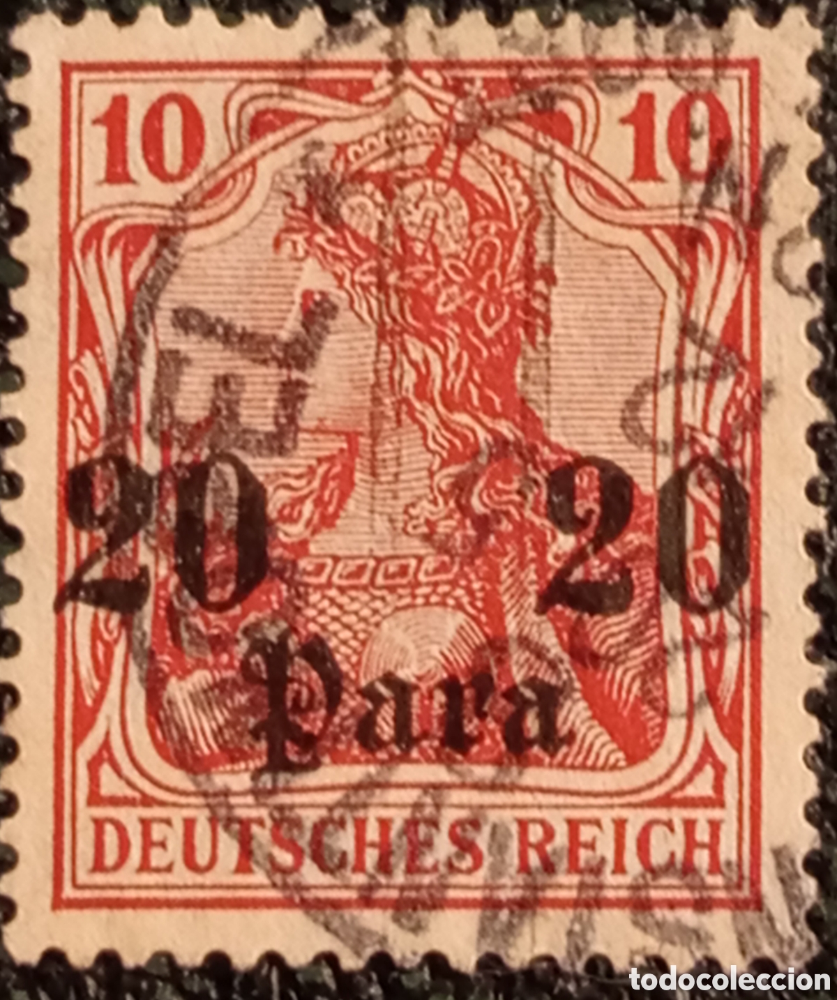 Sellos: Sello Oficina Turqu&iacute;a 20 Para s/ 10 Pf Usado 1902 - Cat&aacute;logo Michel 25 - marquilla
