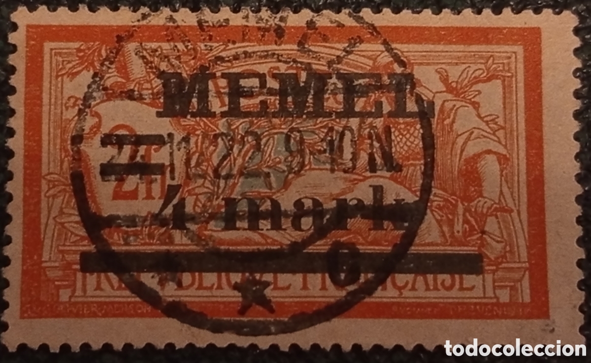 Sellos: Sello Memel 4 Mark s/ 2 Fr Usado 1920 - Cat&aacute;logo Michel 31 - Marquilla