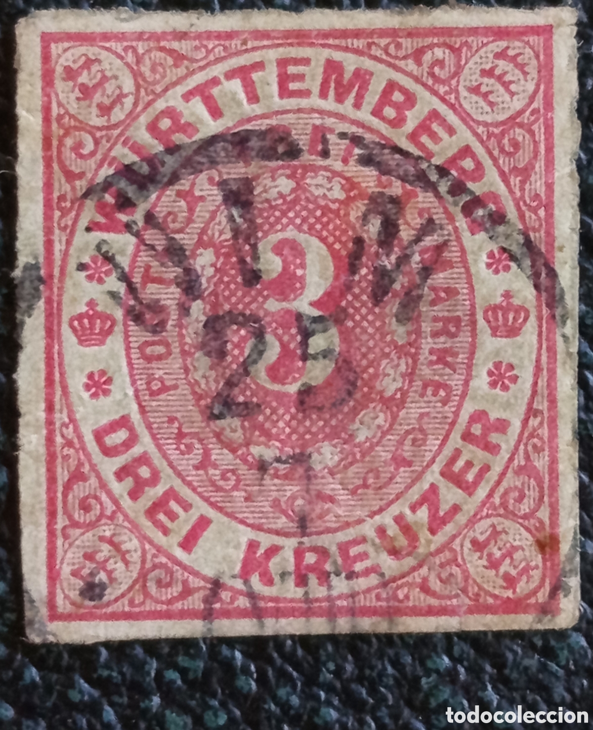 Sellos: Sello Antiguo Reino de Wurtemberg 3 Kreuzer Rosa Usado 1869 - Michel 34