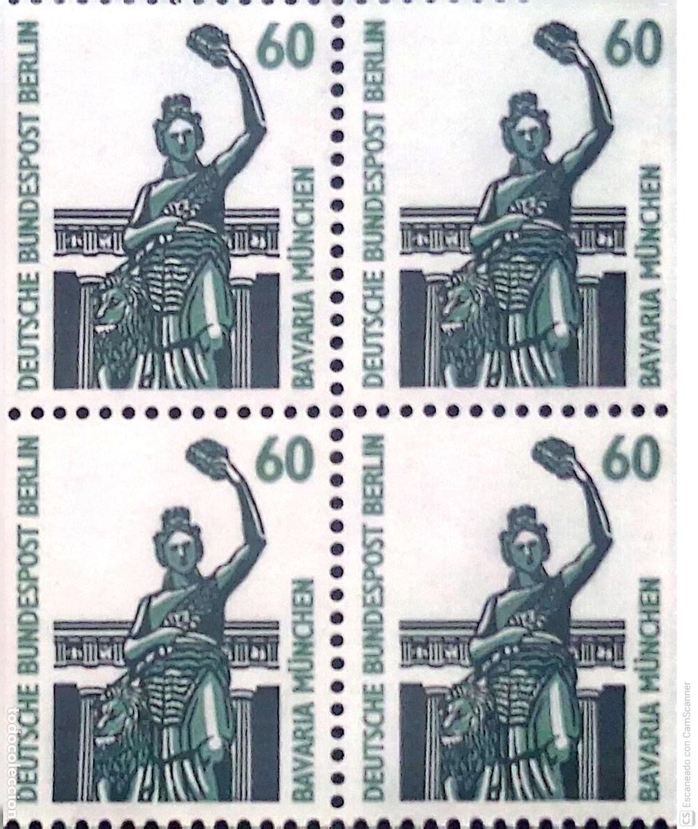 Sellos: Berl&iacute;n. 752 Curiosidades: Estatua de Bavaria, en Munich, en bloque de cuatro. 1987. Sellos nuevos