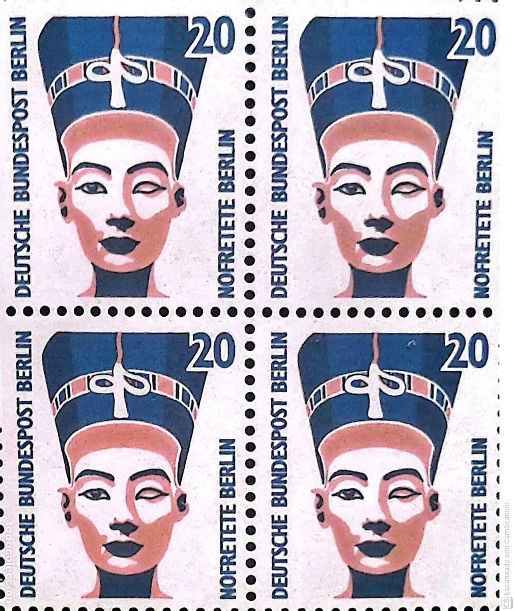 Sellos: Berl&iacute;n. 792 Curiosidades: Cabeza de Nefertiti, en bloque de cuatro. 1988. ﻿Sellos nuevos y numerac