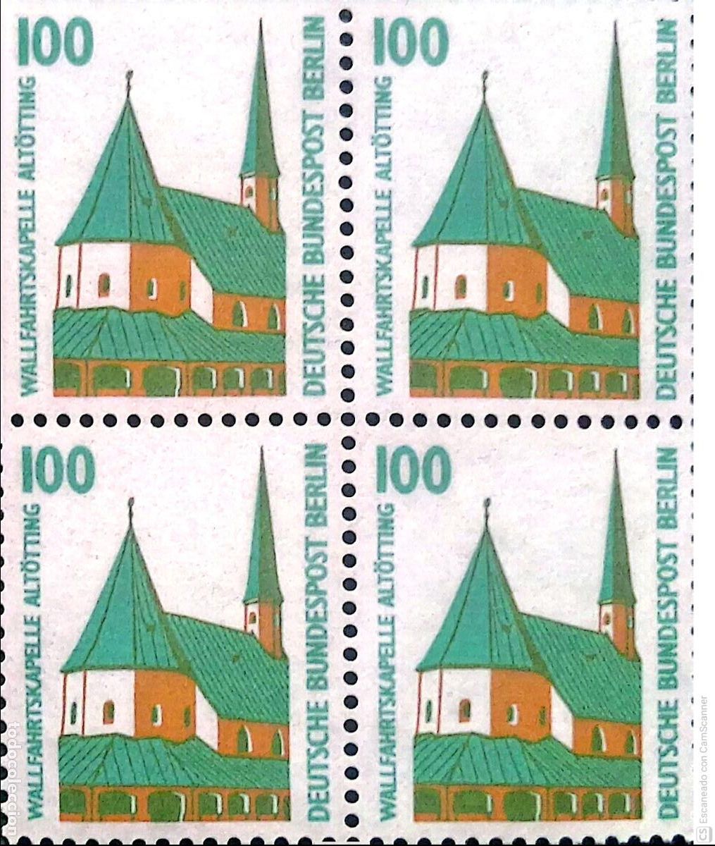 Sellos: Berl&iacute;n. 795 Curiosidades: Capilla de Alt&ouml;ting, en bloque de cuatro. 1989. ﻿Sellos nuevos y numerac
