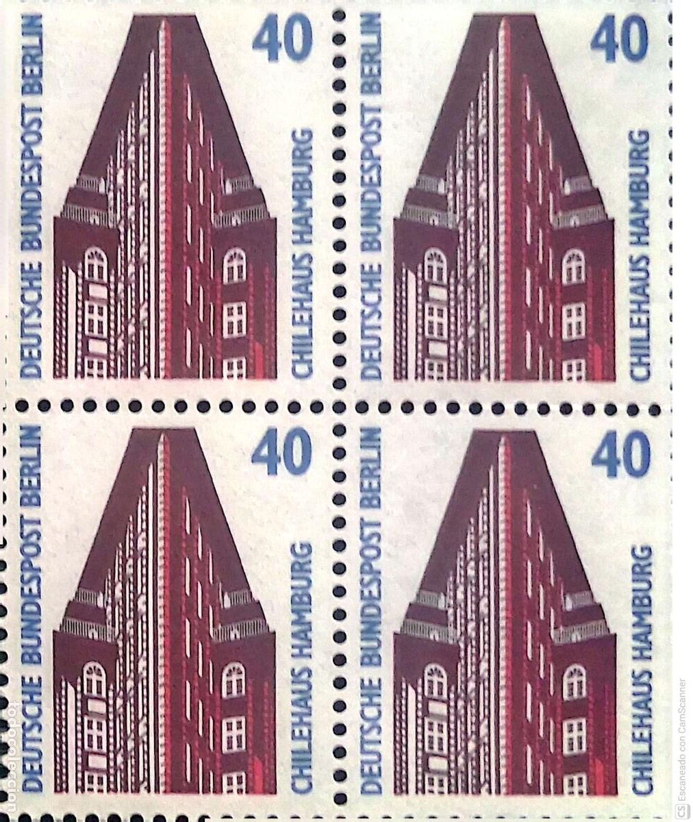 Sellos: Berl&iacute;n. 777 Curiosidades: La Chilehaus, en Hamburgo, en bloque de cuatro. 1989. ﻿Sellos nuevos y n
