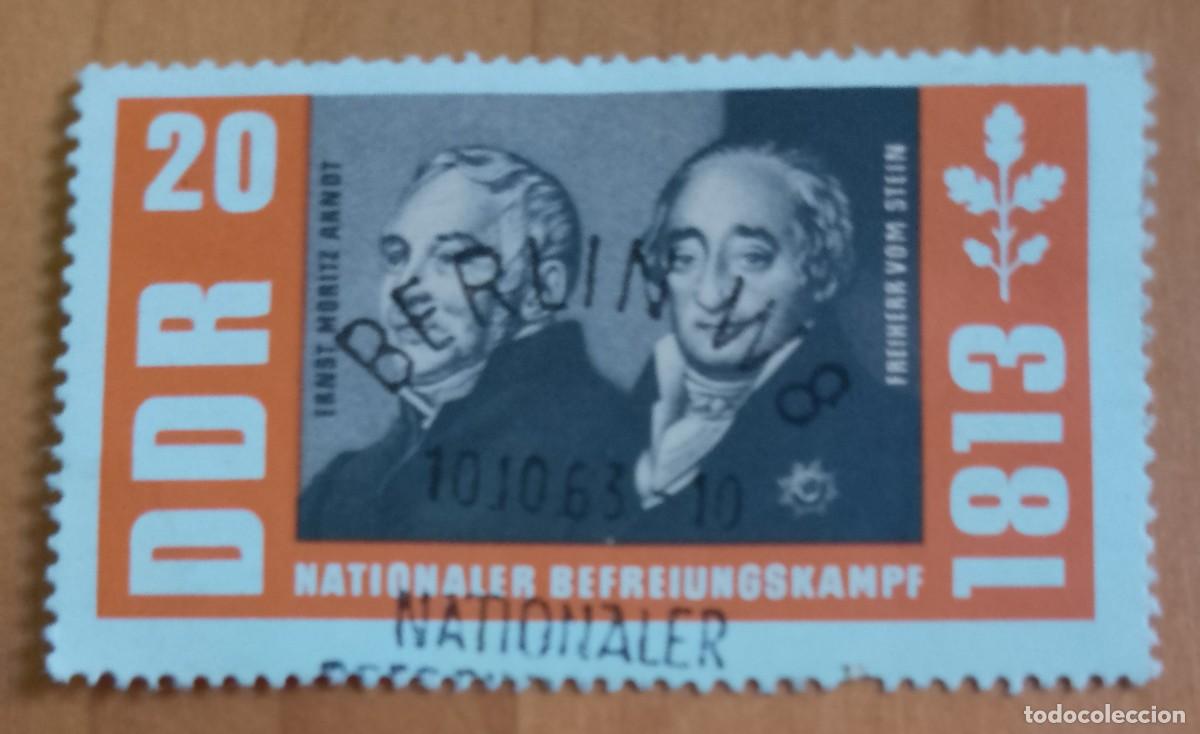 Sellos: ALEMANIA, DDR - V/F 20 - ERNST Y FREIHERR VOM STEIN - CON MATASELLOS INFORMATIVO:Y CON GOMA.
