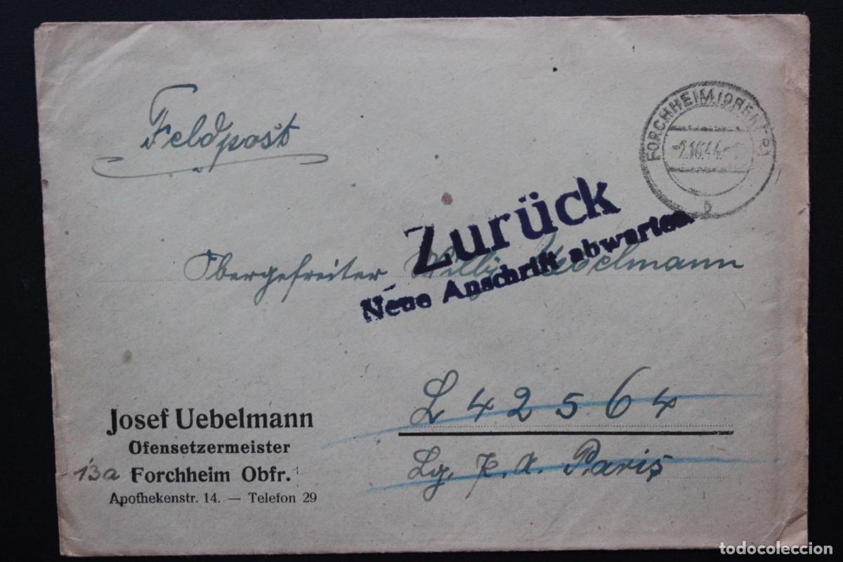 Sellos: &ldquo;WWII Feldpost 1944 &middot; Carta militar cerrada &middot; Devuelta desde Par&iacute;s &middot; Etiqueta oficial &lsquo;Zur&uuml;ck &ndash; Neue