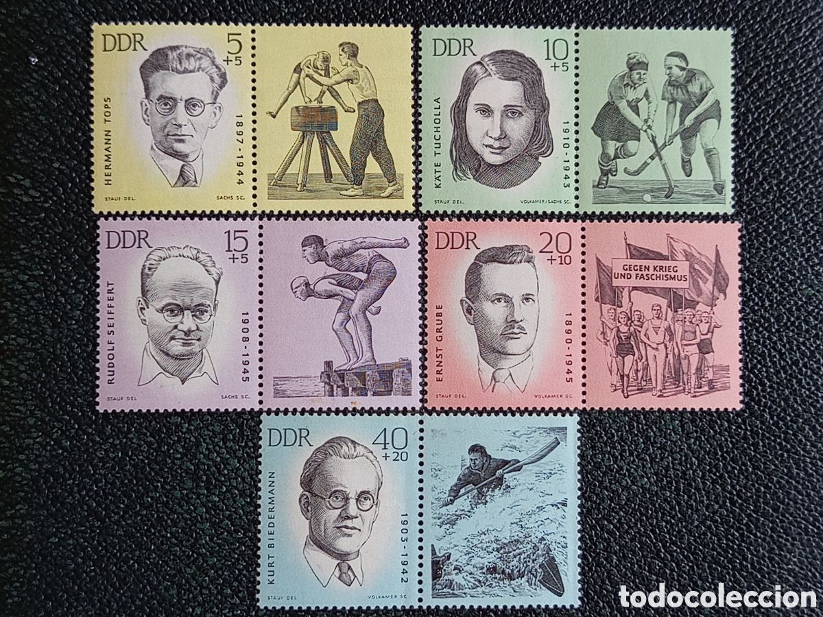 Sellos: Alemania Oriental DDR 1963 Deportistas Antifascistas Yvert 738/742 Serie MH