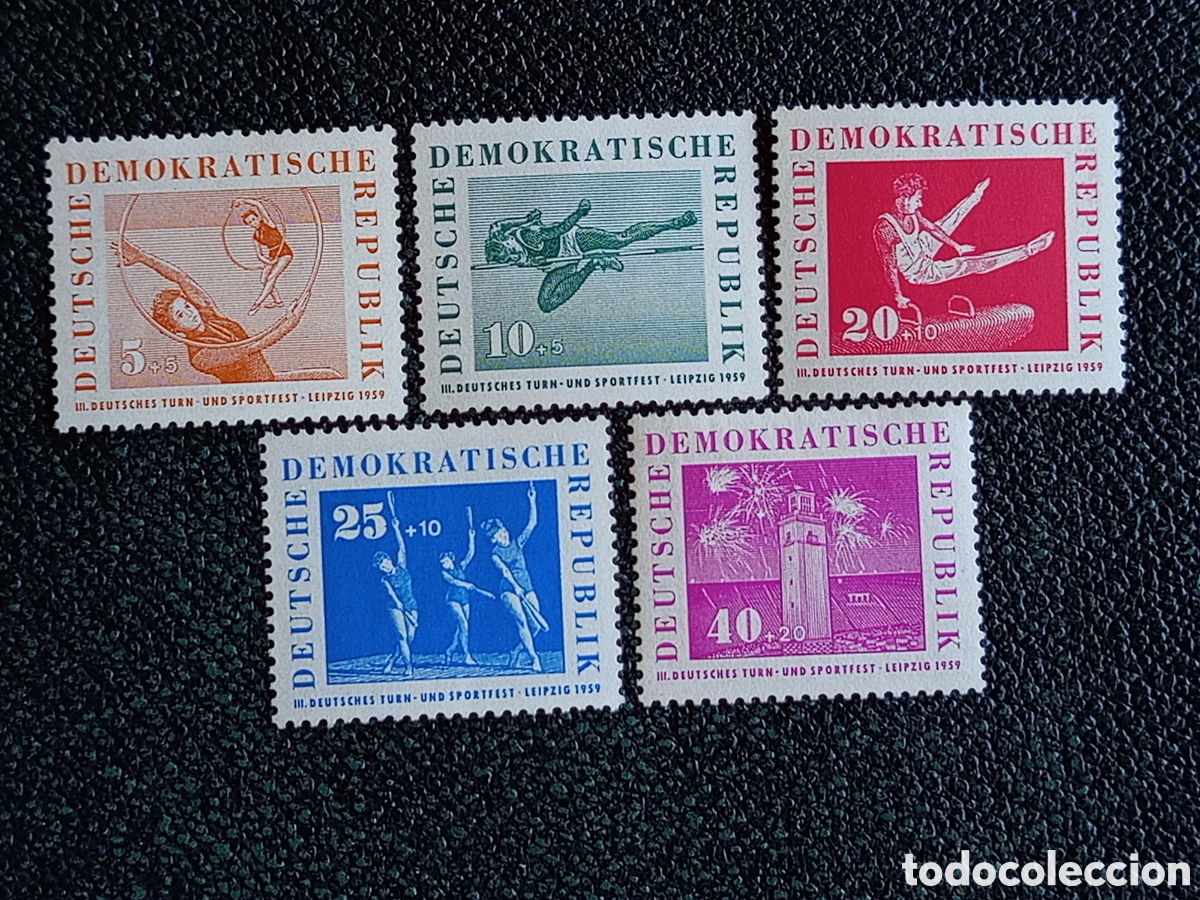 Sellos: Alemania Oriental DDR 1959 Festivales Gimnasia Leipzig Yvert 496/500 Serie MH