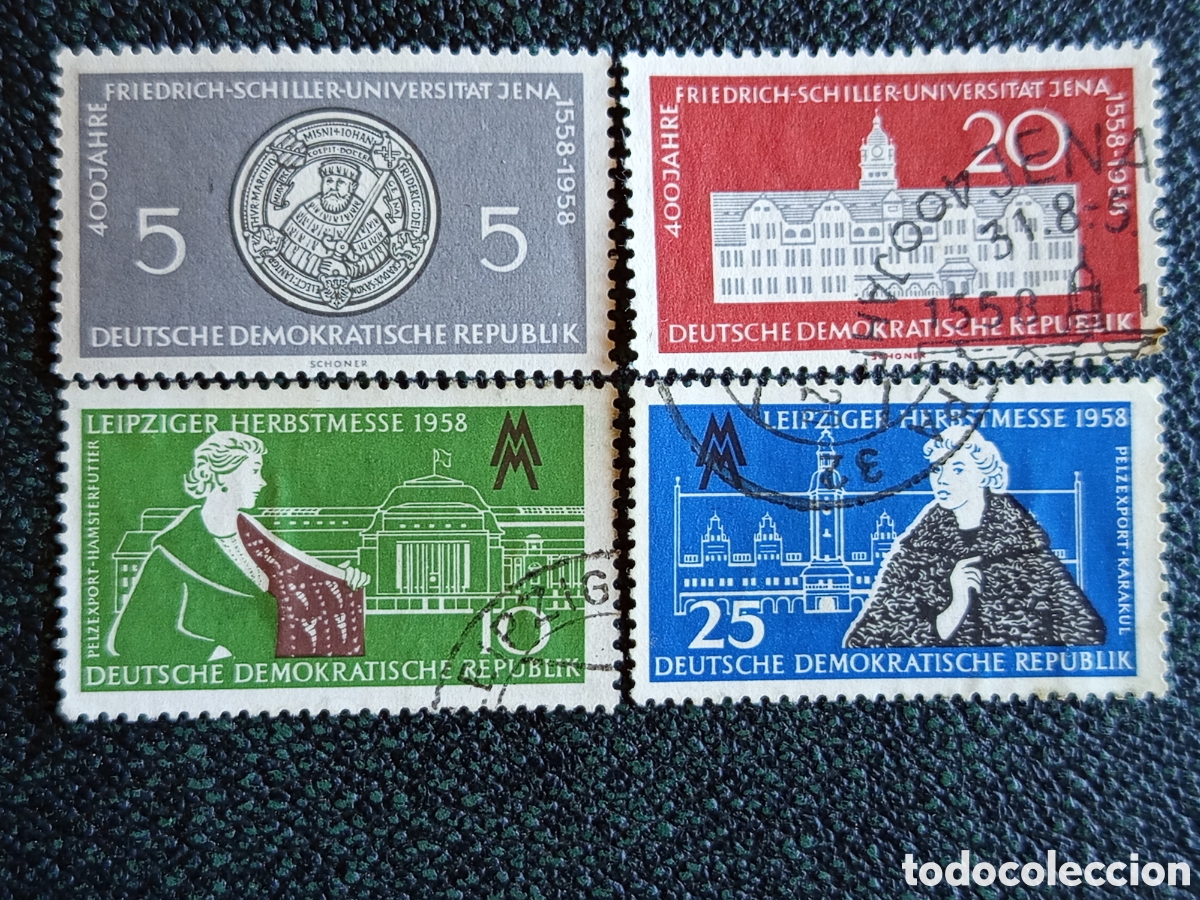Sellos: Alemania Oriental DDR 1958 Univ. Jena y Feria Leipzig Yvert 431,433,434,435 Usados