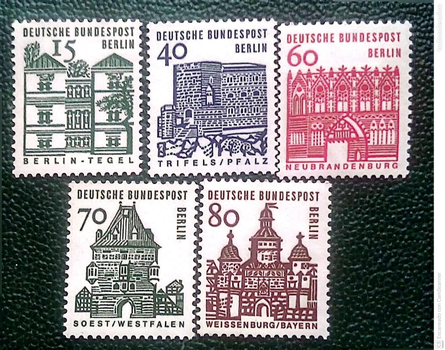 Sellos: Berl&iacute;n. 220, 222 y 224/224A/225 Edificios hist&oacute;ricos: Castillo de Tegel, Puerta de Treptow, Puerta