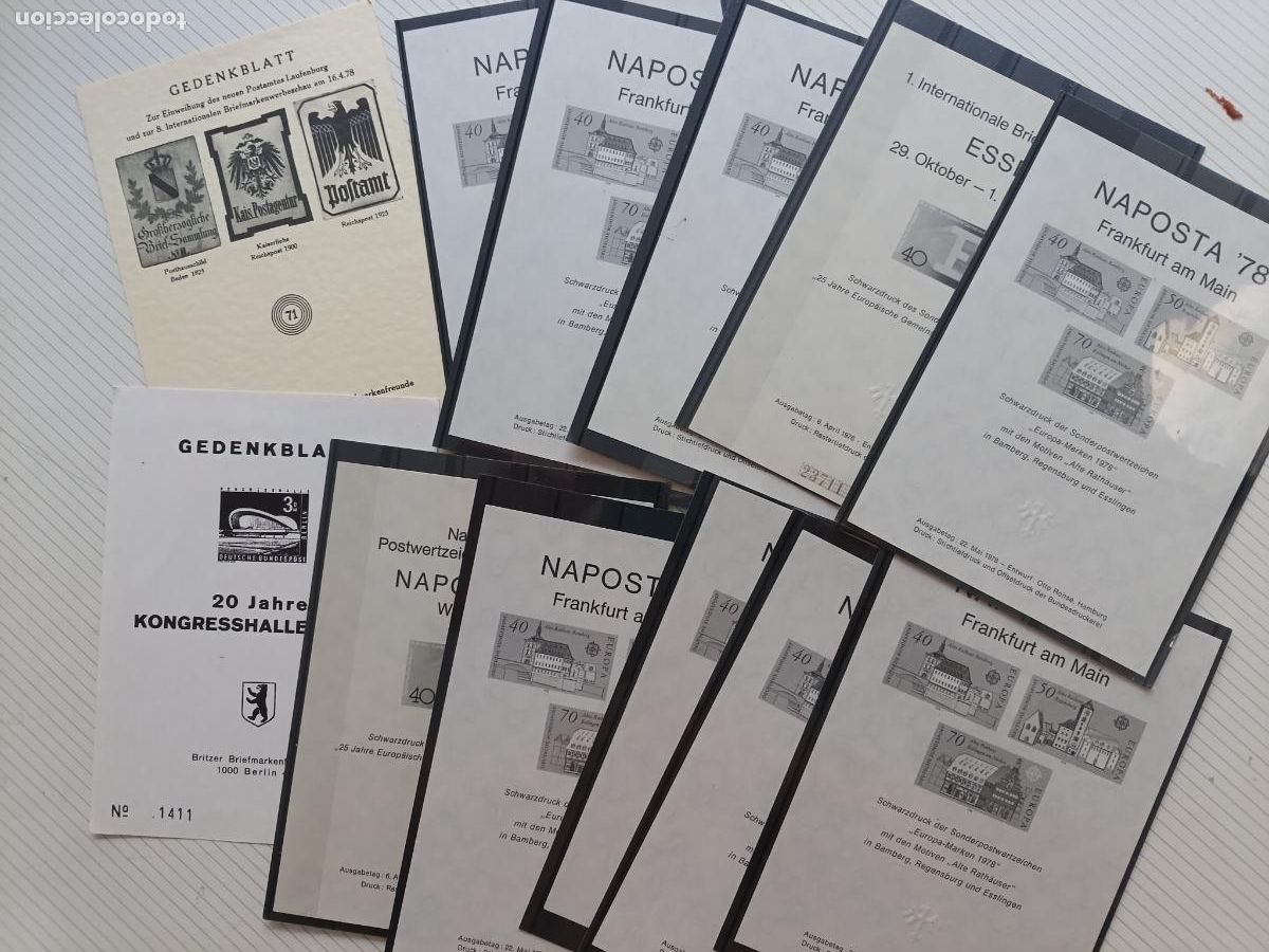 Sellos: Alemania. 12 Hojas Recuerdo, varios modelos Naposta `78 Frankfurt am Main, Essen, Gedenkblatt