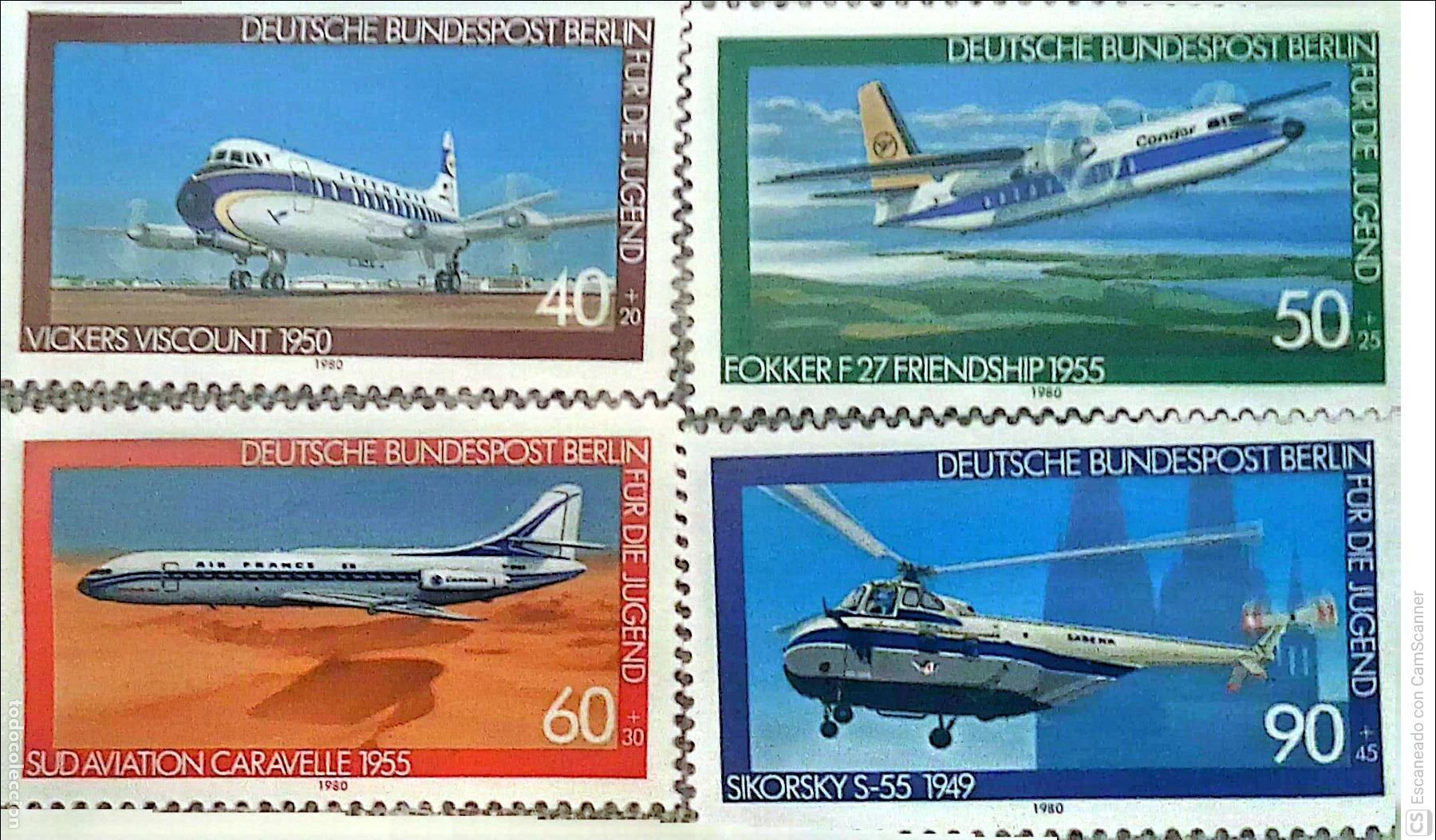 Sellos: Berl&iacute;n. 578/81 Aviones: Vickers Viscount, Fokker 27, Caravelle y Helic&oacute;ptero Sikorsky. 1980. Sello