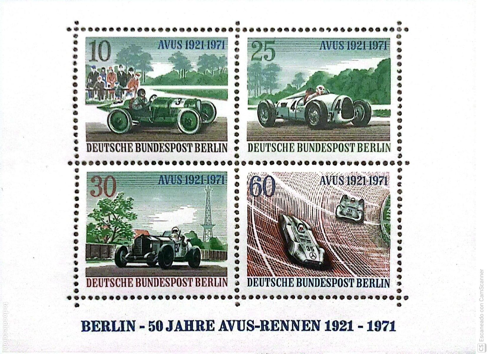 Sellos: Berl&iacute;n. HB 3 Aniversario Carreras automovil&iacute;sticas Avus. 1971. Sellos nuevos y numeraci&oacute;n Yvert.