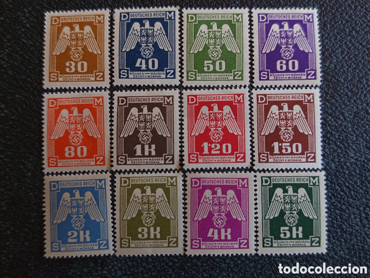 Sellos: Serie Completa 12 Sellos Bohemia y Moravia 1943 - Oficiales Michel D13-D24 Nuevos MH