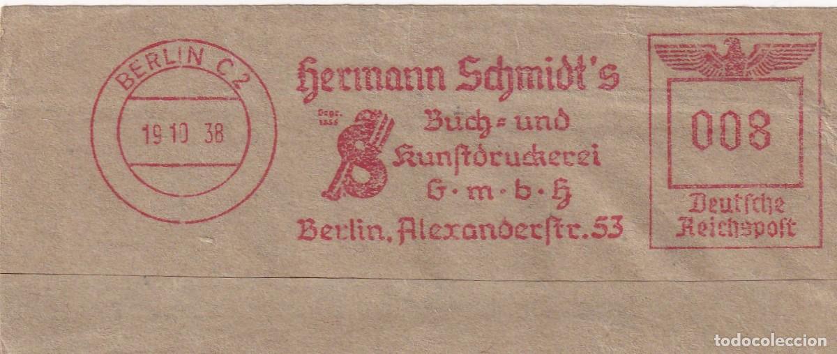Sellos: Marcofilia Recorte - Franqueo mec&aacute;nico Berl&iacute;n 1938 - Imprenta de libros y arte de Hermann Schmidt