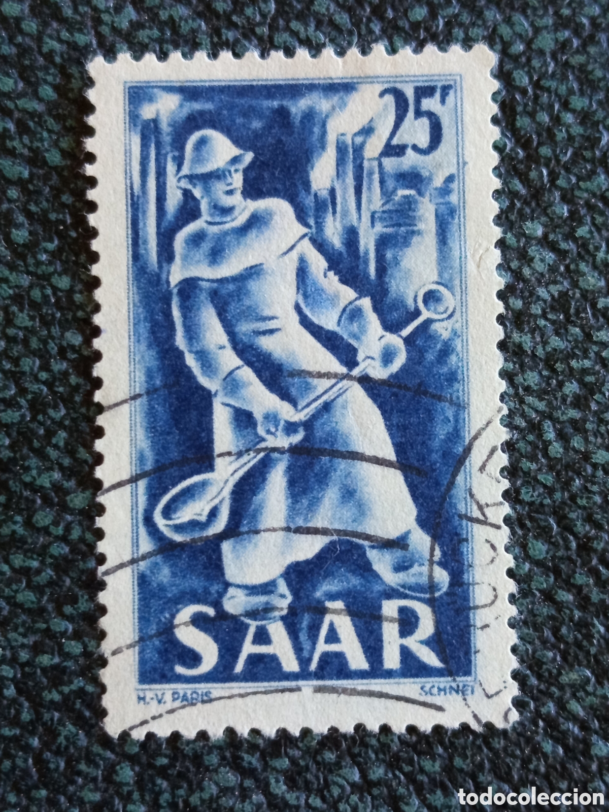 Sellos: Sello Sarre 1949 Obrero Sider&uacute;rgico 25F Cat&aacute;logo Michel #284 Usado