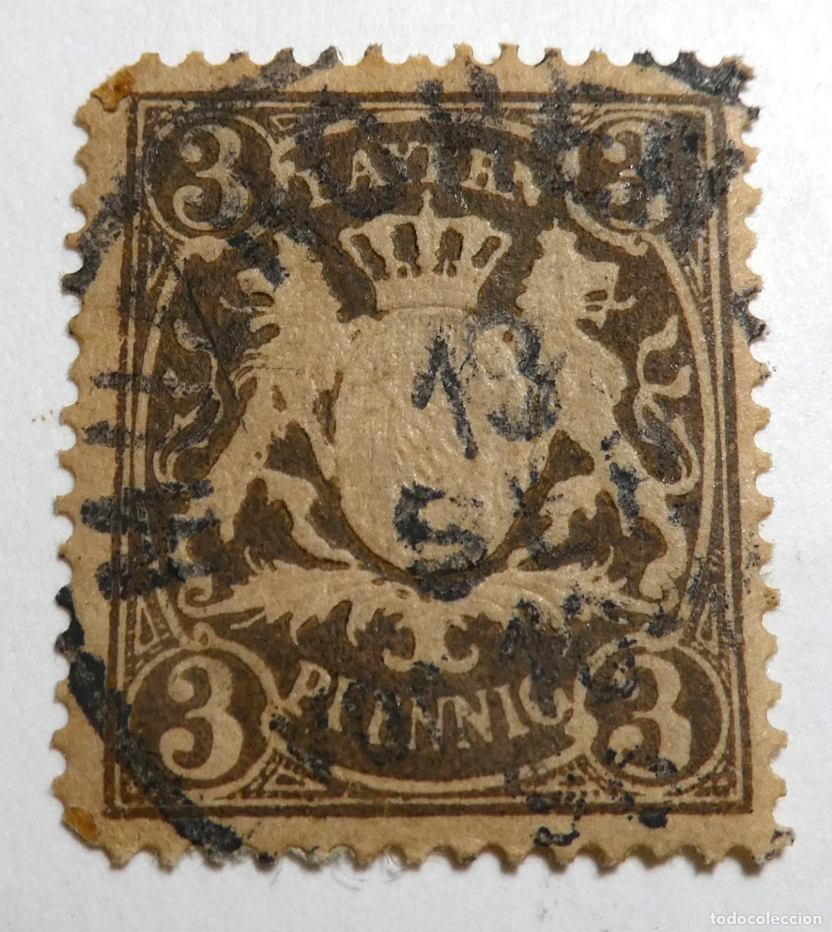 Sellos: Sello postal de ALEMANIA, BAVIERA 1890 , 3 Pfennig , Escudo de armas de Baviera