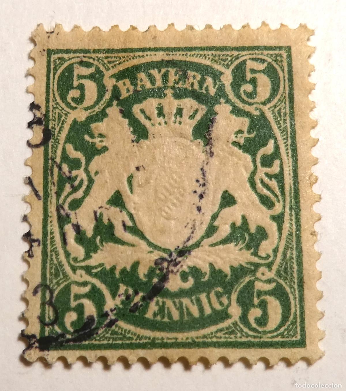Sellos: Sello postal de ALEMANIA, BAVIERA 1890 , 5 Pfennig , Escudo de armas de Baviera