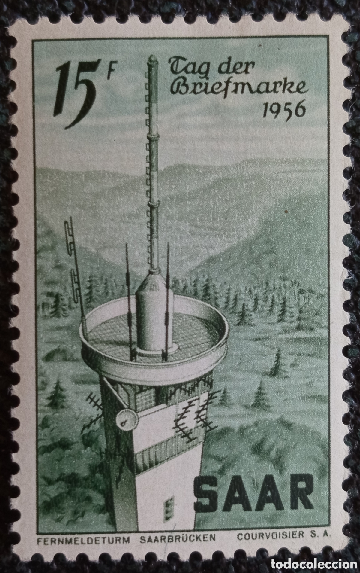 Sellos: Sello Sarre Saar 1956 D&iacute;a del Sello Torre Saarbr&uuml;cken 15F Michel 369 MH
