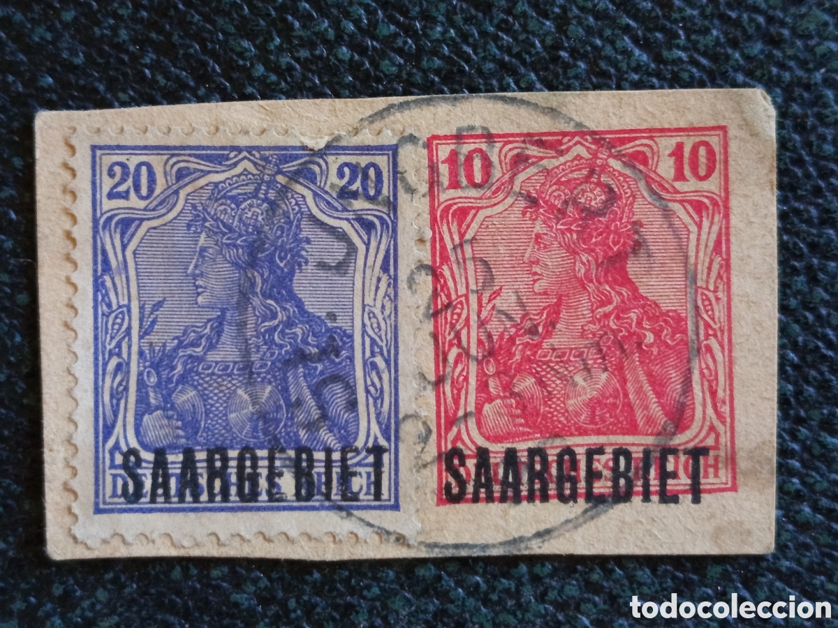 Sellos: Pareja Sellos Saargebiet Sarre 1920 Germania Michel 33 y 35 Usados Fragmento