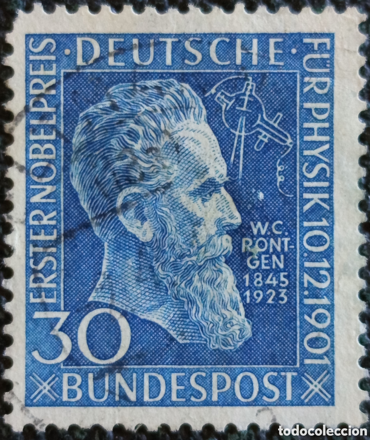Sellos: Sello Alemania RFA 1951 50 Aniv Premio Nobel R&ouml;ntgen 30 Pf Usado - Michel 147