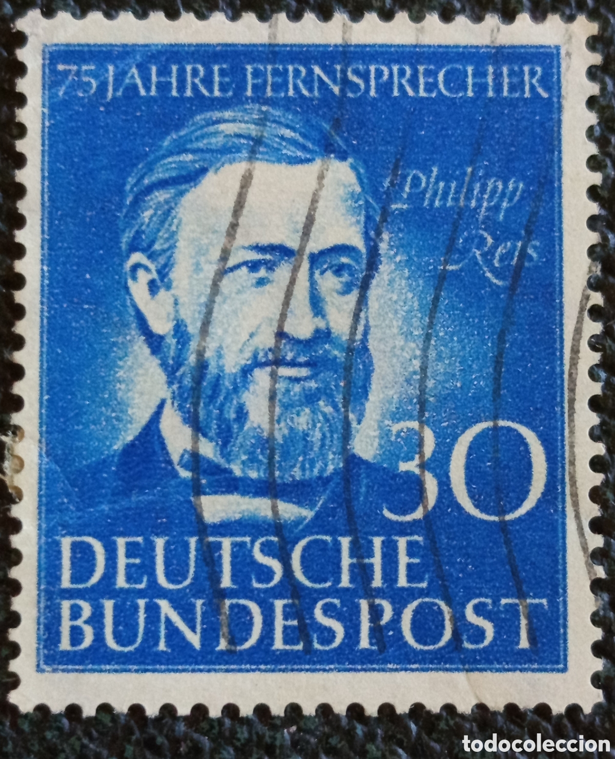 Sellos: Sello Alemania RFA 1952 75 Aniv Tel&eacute;fono Philipp Reis 30 Pf - Michel 161 Usado