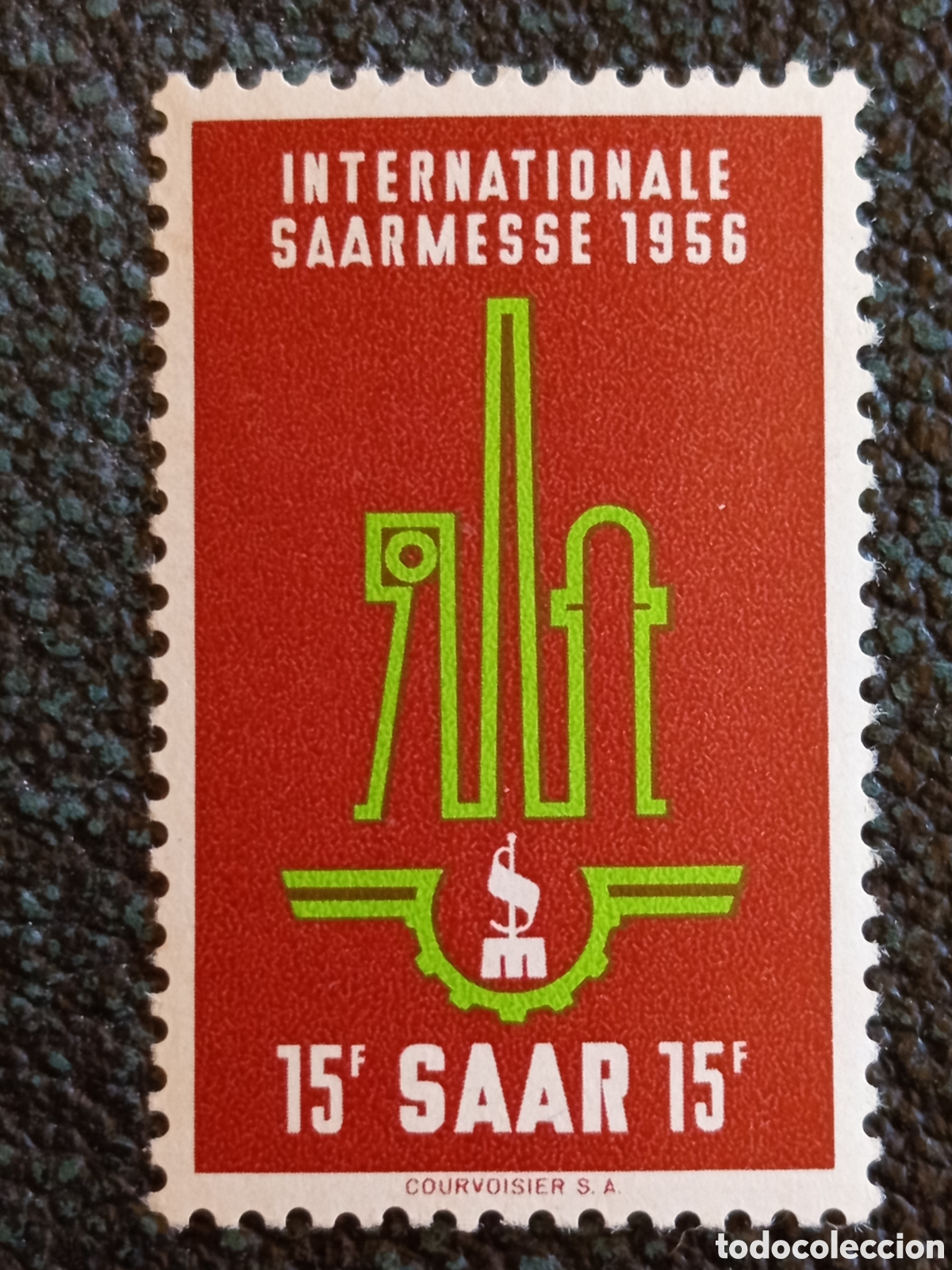 Sellos: Sello Sarre 15F 1956 Feria Internacional Saarmesse Cat Michel #364 Nuevo