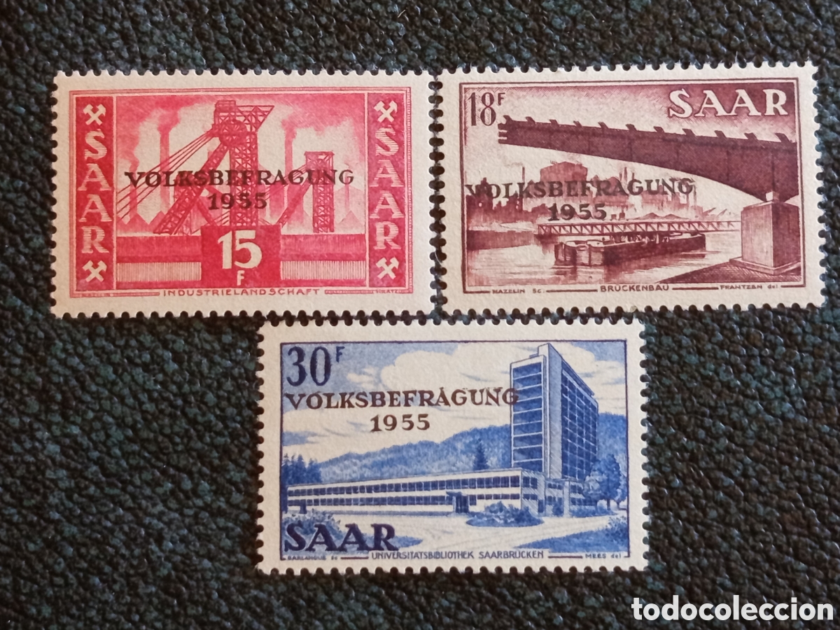 Sellos: Serie Sellos Sarre 1955 Sobrecarga Volksbefragung Refer&eacute;ndum Cat Michel #376/378 MNH